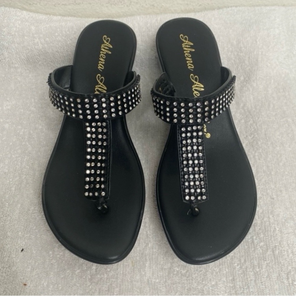 Athena Alexander Women's Black Sparkle Bling T Strap Wedge Sandal Size 7 Casual